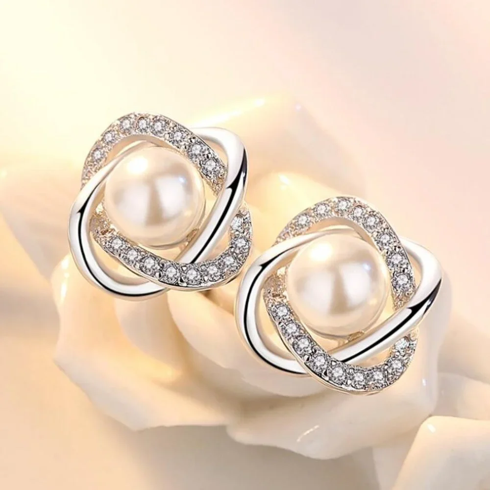 925 Sterling Silver Pearl Diamond Stud Earrings - Picture 1 of 6
